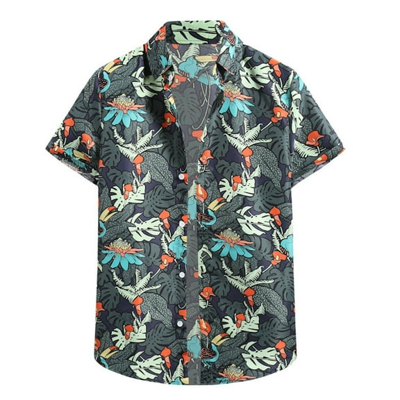 TAIAOJING Mens Hawaii Button Down Shirts Short Sleeve Loose Flower Shirt Hawaiian Flower Shirt