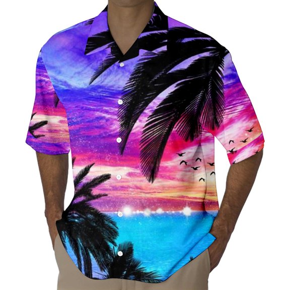 TAIAOJING Mens Hawaii Button Down Shirts Short Sleeve Short Sleeved Casual Style Shirt 3D Print Seaside Coconut Sunset Print Short Sleeved Cardigan Button Lapel Shirt
