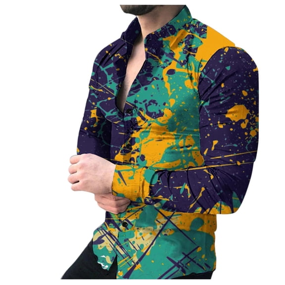 TAIAOJING Mens Long Sleeve Floral Shirts Tie-dye Printed Lapel Cardigan Loose Special Work Button Down Blouse Shirt