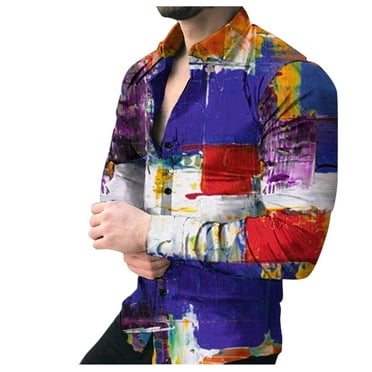 TAIAOJING Mens Long Sleeve Floral Shirts Tie-dye Printed Lapel Cardigan Loose Special Work Button Down Blouse Shirt