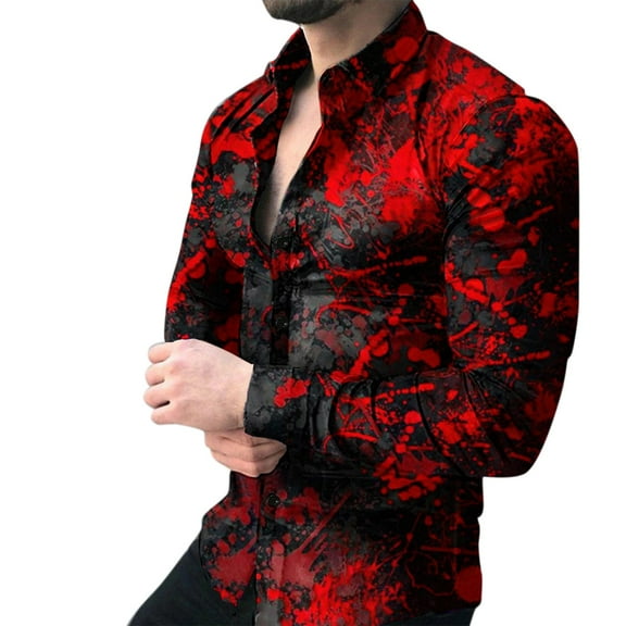 TAIAOJING Mens Long Sleeve Floral Shirts Tie-dye Printed Lapel Cardigan Loose Special Work Button Down Blouse Shirt