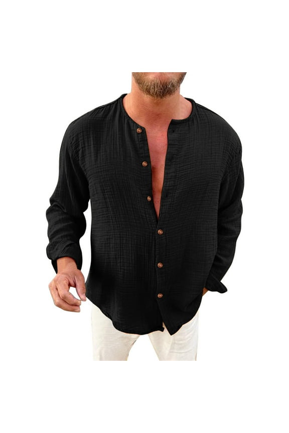 Mens Long Sleeve Regular-fit Shirt Male Casual Autumn Solid Fold Collarless Button Blouse Button Down Shirts