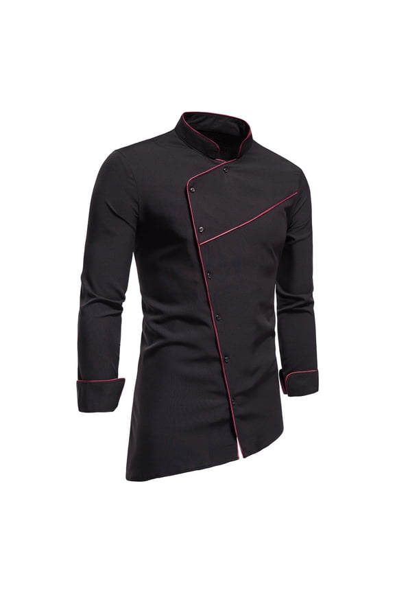 Mens Long Sleeve Shirts Retro Mid-Length Top Stand-Up Collar Color Block Top Long-Sleeved Button Retro Blouse
