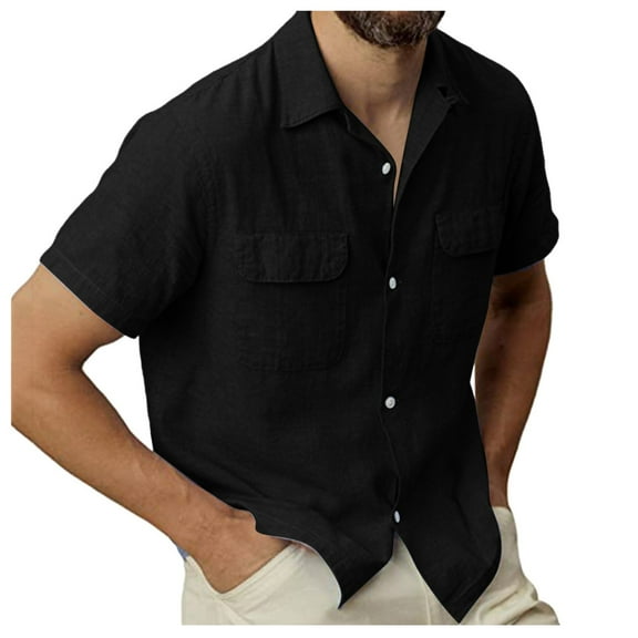 TAIAOJING Mens Shirts Solid Pocket Single Cotton Linen Short Sleeve Blouse Black XL
