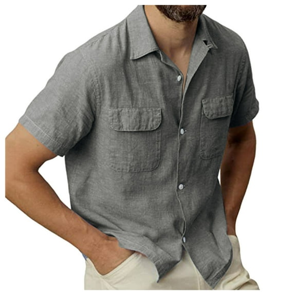 TAIAOJING Mens Shirts Solid Pocket Single Cotton Linen Short Sleeve Blouses Grey XXXL
