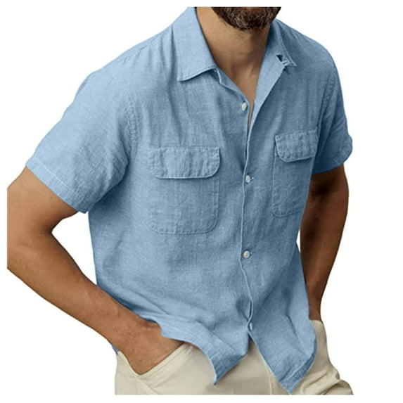 TAIAOJING Mens Shirts Solid Pocket Single Cotton Linen Short Sleeve Blouses Light Blue XXL