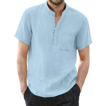 TAIAOJING Mens Short Sleeve Shirts Solid Cotton Linen Stand Collar Plus Size Vacation Pocket Button Down Blouse Shirt