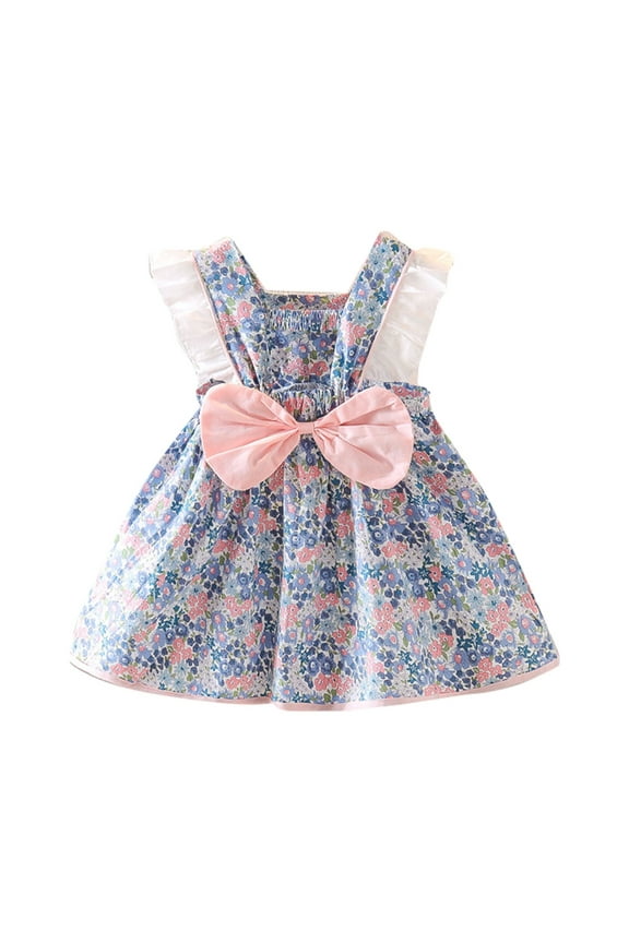New Small And Medium Sized Girls Fashion Floral Belt Princess Vest A Line Dress With Big Bowknot For 18-24 Months