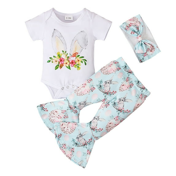 TAIAOJING Baby Girl Easter Outfit Bunny Print Short Sleeve Romper Bodysuit Pompon Bottoms Set With Headband