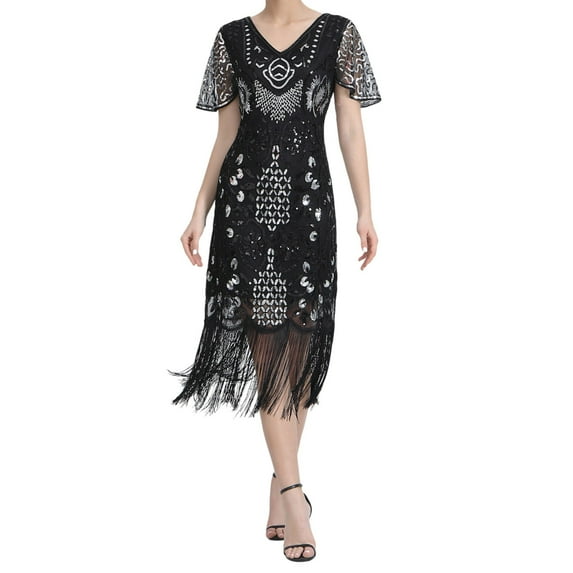 TAIAOJING Plus Size Vintage Dresses Fringed Personality Sequin Beaded Tassels Hem Flapper Dress For Women