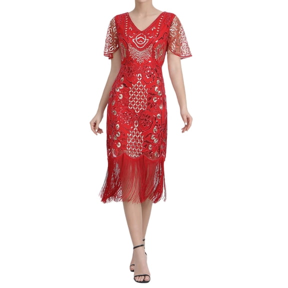 TAIAOJING Plus Size Vintage Dresses Fringed Personality Sequin Beaded Tassels Hem Flapper Dress For Women