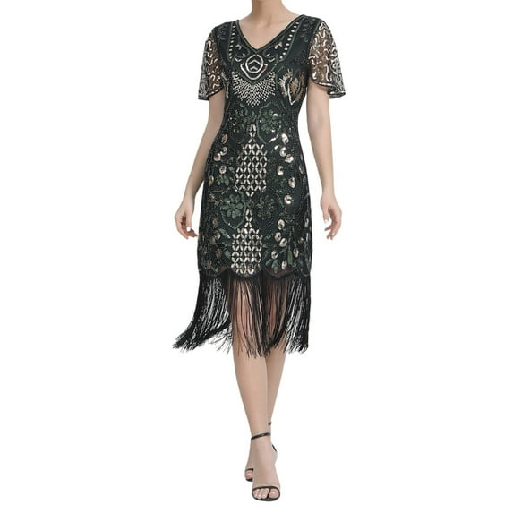 TAIAOJING Plus Size Vintage Dresses Fringed Personality Sequin Beaded Tassels Hem Flapper Dress For Women