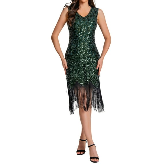 TAIAOJING Plus Size Vintage Dresses Fringed Personality Sequin Beaded Tassels Hem Flapper Dress For Women