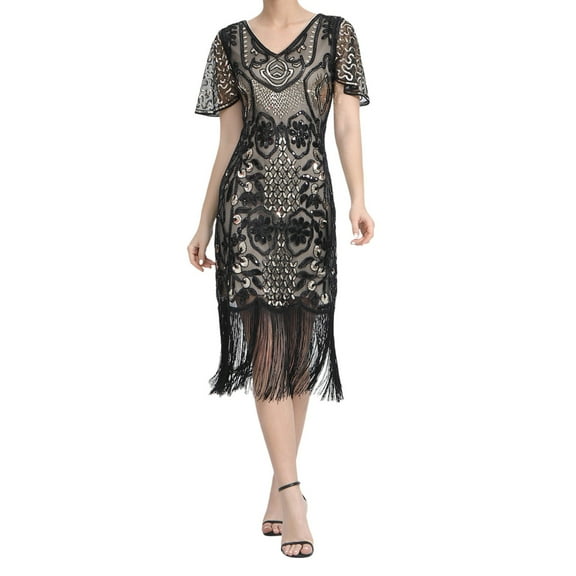 TAIAOJING Plus Size Vintage Dresses Fringed Personality Sequin Beaded Tassels Hem Flapper Dress For Women