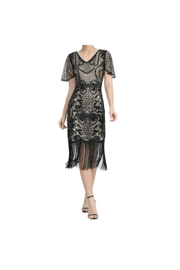 Plus Size Vintage Dresses Fringed Personality Sequin Beaded Tassels Hem Flapper Dress For Women
