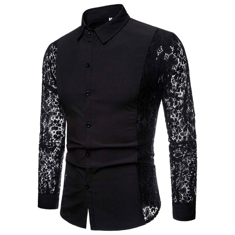 TAIAOJING Shirts For Men Lapel Full Lace Club Hollow Color Long