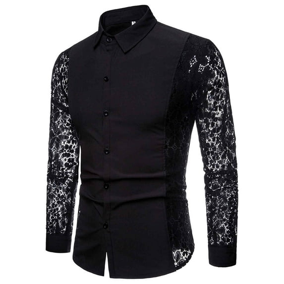 TAIAOJING Shirts For Men Lapel Full Lace Club Hollow Color Long Sleeves Blouse