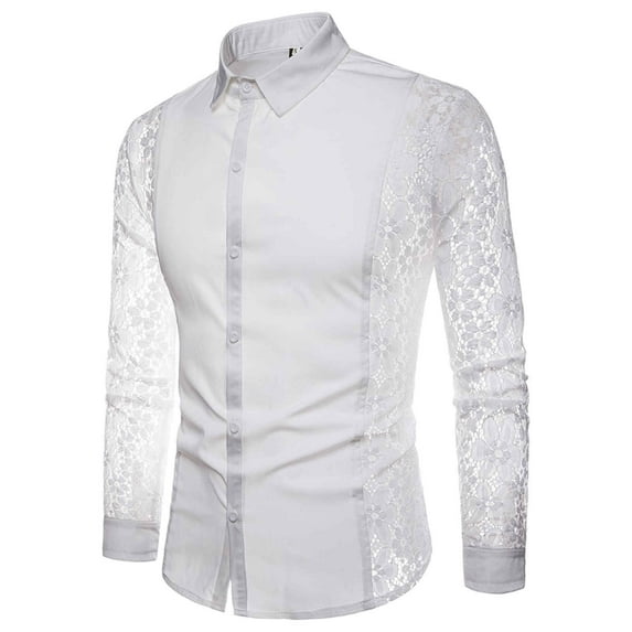 TAIAOJING Shirts For Men Lapel Full Lace Club Hollow Color Long Sleeves Blouse