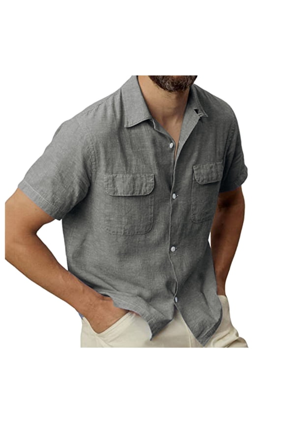 Shirts For Men Solid Pocket Single Cotton Linen Short Sleeve Blouse Grey M