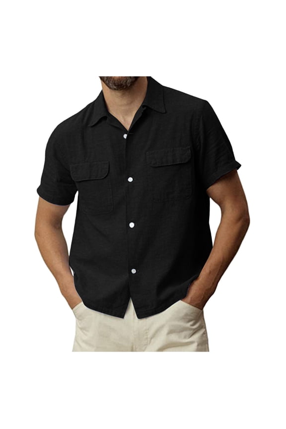 Shirts For Men Solid Pocket Single Cotton Linen Short Sleeve Blouses Black M