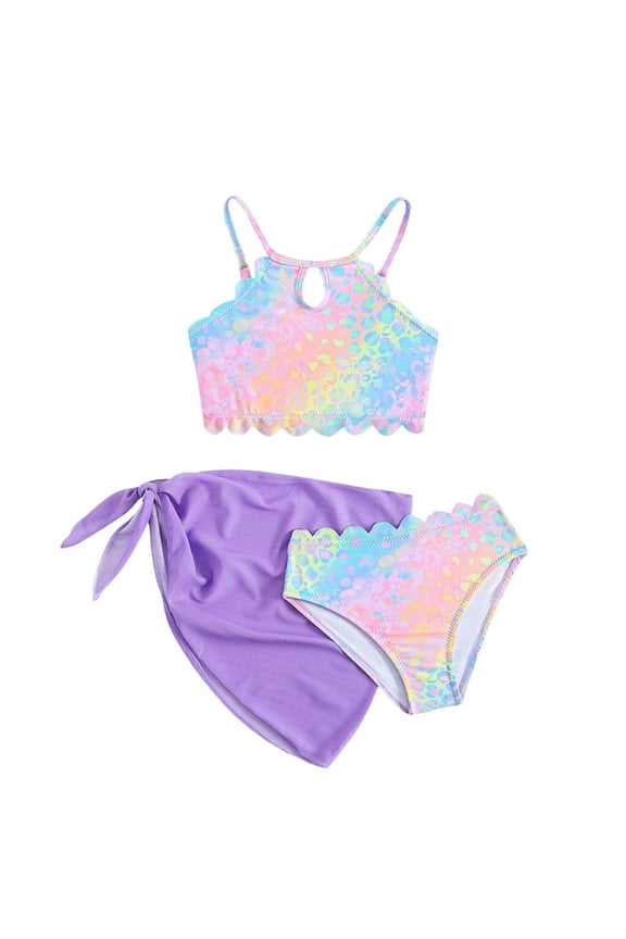Summer Child Girls Bikini Swim Wear Bright Colorful Printed Front Side Straps Style Backless Tops Swimsuit Pool Beachwear With Detachable Bottom Matching Outer Skirt 3PCS Set Boho 5-6Y