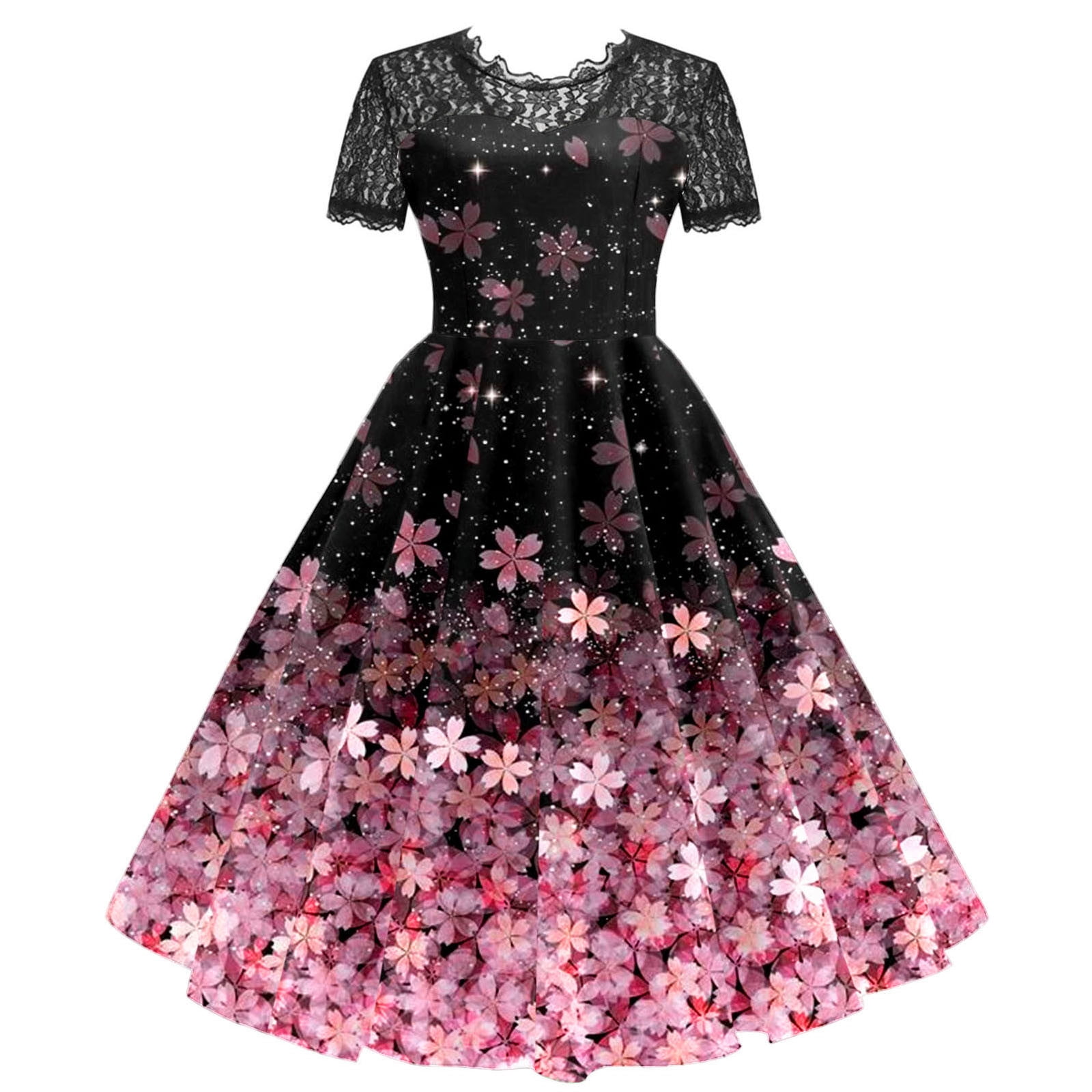 chinese dress ladies Vintage Elegant Lace Floral 1950s Swing Dress V Neck