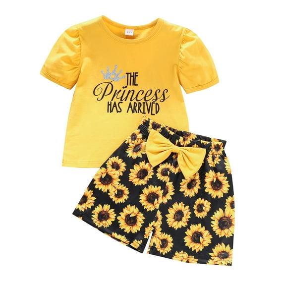 TAIAOJING Summer Girl Sunflower Pattern Shorts Crewneck Short Sleeve Bow Casual Home Outing For 2 To 7 For 6-7 Years