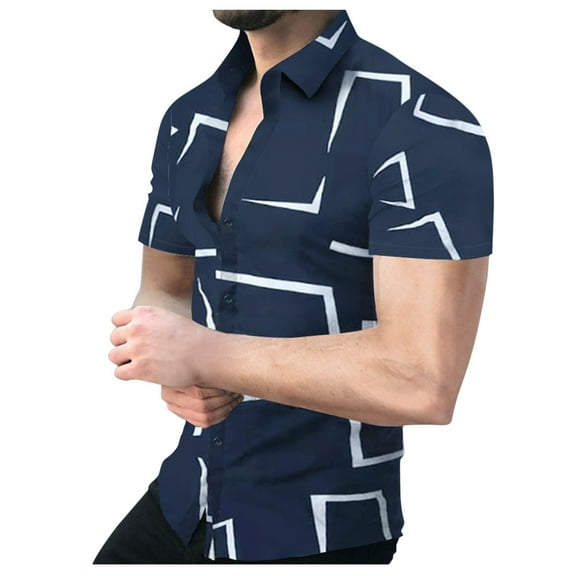 TAIAOJING Summer Men's Shirts Male Geometric Print Short Sleeve Turn Down Collar Button Down Blouse Shirt