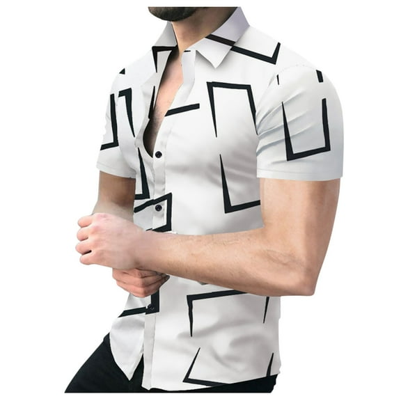 TAIAOJING Summer Men's Shirts Male Geometric Print Short Sleeve Turn Down Collar Button Down Blouse Shirt