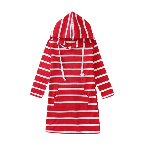 TAIAOJING Summer Teen Kids Girls Long Sleeve Stripe Slim Pencil Dress Hooded Princess Dress Daily Wear For 2-3 Years