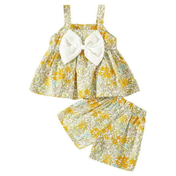 TAIAOJING Summer Toddler Girls Sleeveless Bowknot Floral Prints Tops Shorts Two Piece Outfits Set For Kids Clothes For 12-18 Months