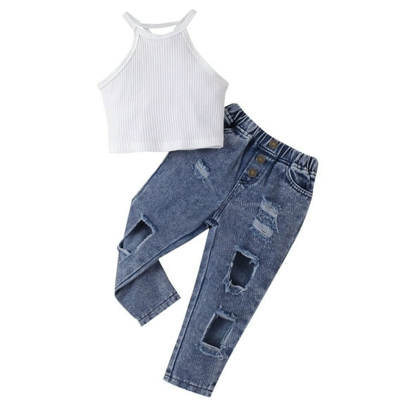 TAIAOJING Summer Toddler Girls Sleeveless Solid Colour Ribbed Vest Tops Jeans Bodysuits Two Piece Outfits For 3-4 Years