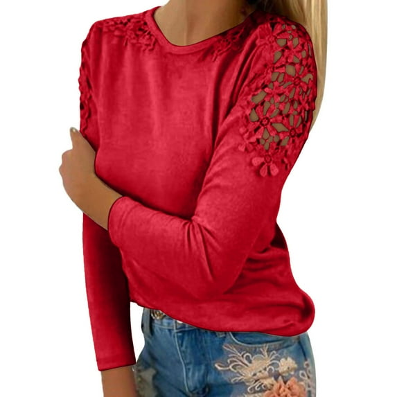 TAIAOJING T Shirts Long Sleeve Crewneck Tees For Women Crewneck Solid Color Hollow Stitching T Shirt Features: