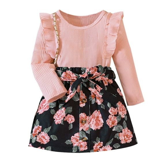 TAIAOJING Toddle Child Girls Long Sleeve Ribbed Tops Flowers Prints Bow Tie Skirt Outfits For 12-18 Months