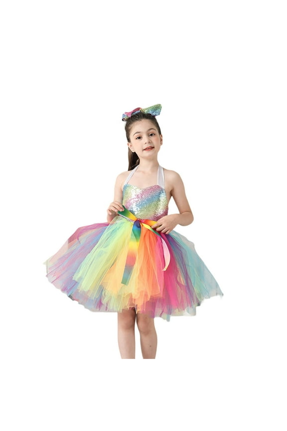 Toddler Angel Set Rainbow Sequin Handmade Mesh Skirt And Colorful Hair Clip Casual Loose Kids Cute Two Piece Set 4-5 Years