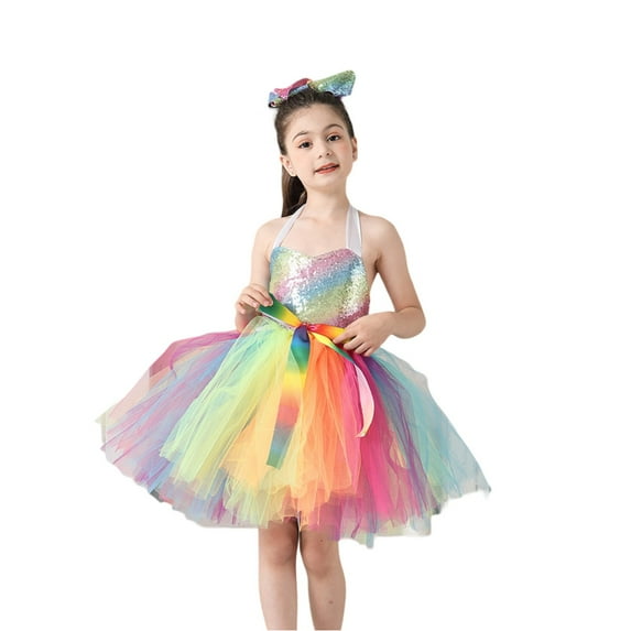 TAIAOJING Toddler Angel Set Rainbow Sequin Handmade Mesh Skirt And Colorful Hair Clip Casual Loose Party Cute Two Piece Outfits Sets Soft 6-7Y
