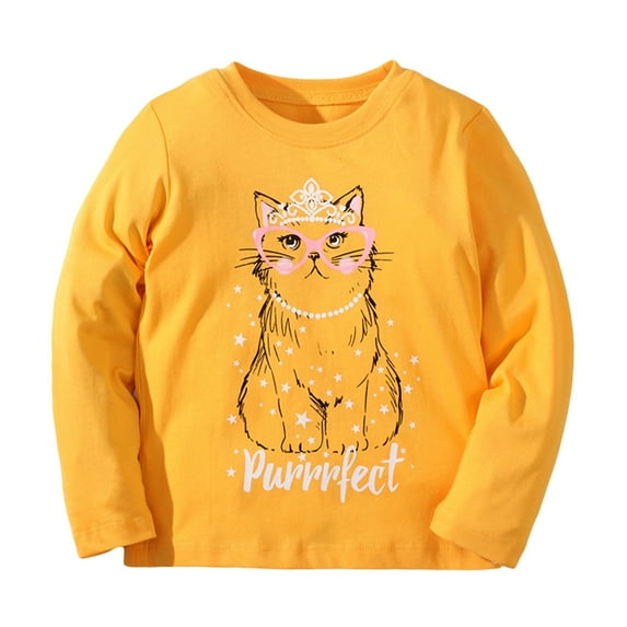 TAIAOJING Toddler Autumn Child T-Shirt Coton Cartoon Little Cat Pattern Girls Casual Long Sleeve T Shirt T-Shirts Tops Tee Comfort 5-6Y