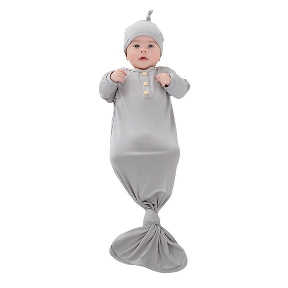 TAIAOJING Toddler Baby Boy Girl Gown Sleepwear Knotted Nightgown And Hat Set Sleepwear 3-6 Months