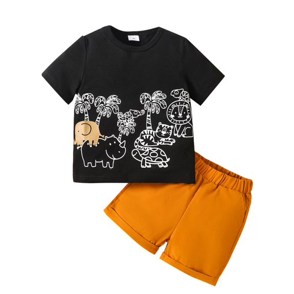 TAIAOJING Toddler Baby Boy Summer Outfits Kids Short Sleeve T Shirts Tops Cartoon Print Black Top Orange Pants Suit Casual Suit Clothes Set 18-24 Months