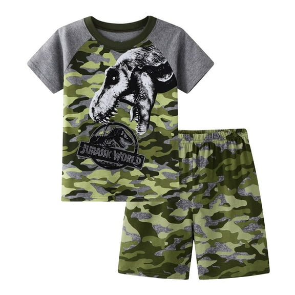 TAIAOJING Toddler Baby Boys Cartoon Outfit Set Kids Dinosaur T Shirt Grid Short Sleeve Tops Shorts Clothes Set 12-24 Months