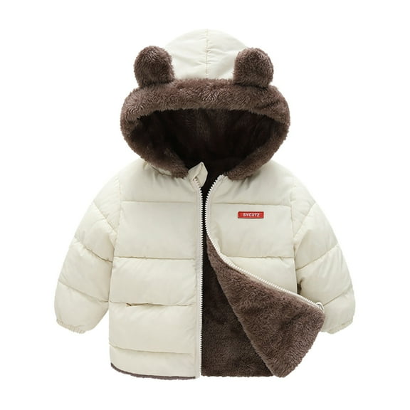 TAIAOJING Toddler Baby Boys Girls Down Puffer Jackets Fashion Cute Winter Coat Bear Ears Hooded With Pocket Two Sided Wear Fleece Thicken Windproof Zipper Warm Lightweight Outwear Parka 18-24 Months