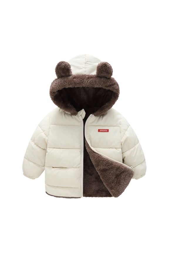 Toddler Baby Boys Girls Down Puffer Jackets Fashion Cute Winter Coat Bear Ears Hooded With Pocket Two Sided Wear Fleece Thicken Windproof Zipper Warm Lightweight Outwear Parka 18-24 Months