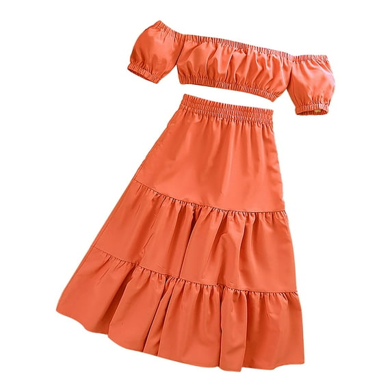 TAIAOJING Toddler Baby Girl Birthday Outfit Little Child Big Kids One Shoulder Short Sleeved Tops Pleated Long Skirt Summer Solid Color Suit Clothes Set 5-6 Years