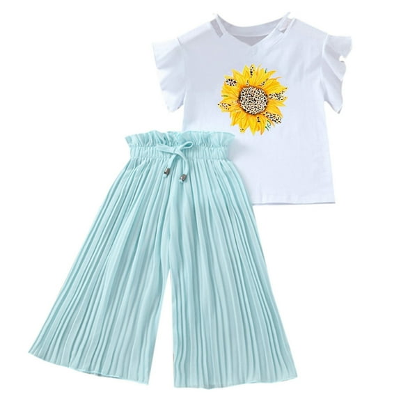 TAIAOJING Toddler Baby Girl Clothes Set Kids Clothing Summer Sunflower T Shirt Tops Chiffon Ruched Loose Pants Children Clothes Outfits For Girl 10-12 Years