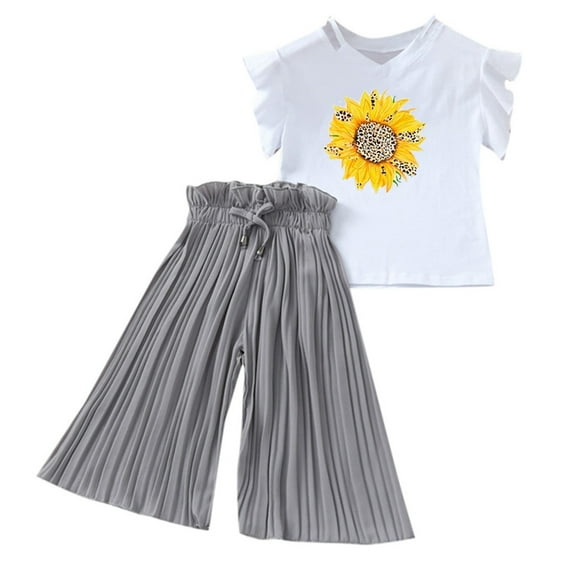 TAIAOJING Toddler Baby Girl Clothes Set Kids Clothing Summer Sunflower T Shirt Tops Chiffon Ruched Loose Pants Children Clothes Outfits For Girl 10-12 Years