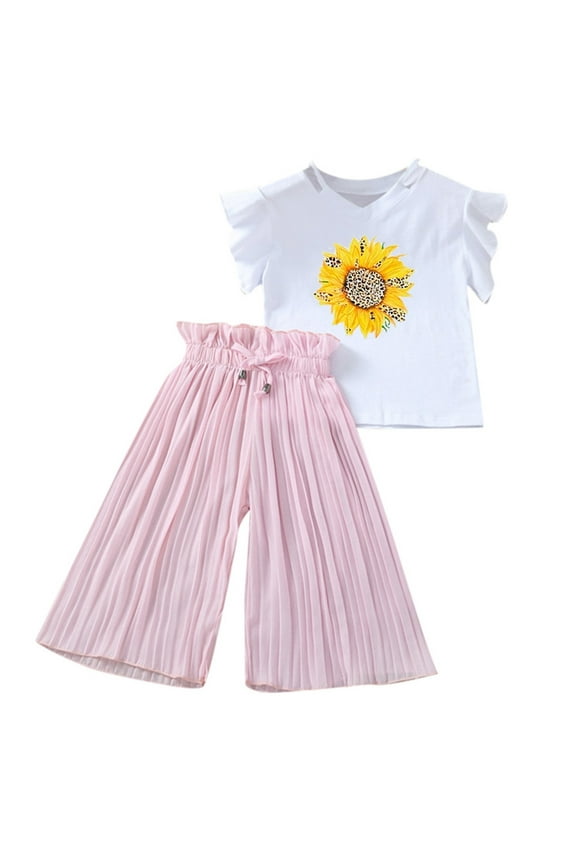 Toddler Baby Girl Clothes Set Kids Clothing Summer Sunflower T Shirt Tops Chiffon Ruched Loose Pants Children Clothes Outfits For Girl 4-5 Years