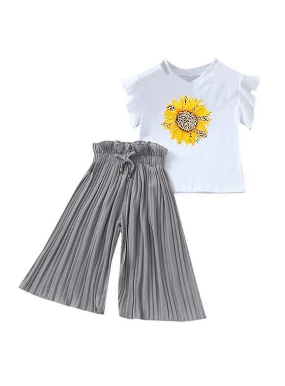 TAIAOJING Toddler Baby Girl Clothes Set Kids Clothing Summer Sunflower T Shirt Tops Chiffon Ruched Loose Pants Children Clothes Outfits For Girl 3-4 Years