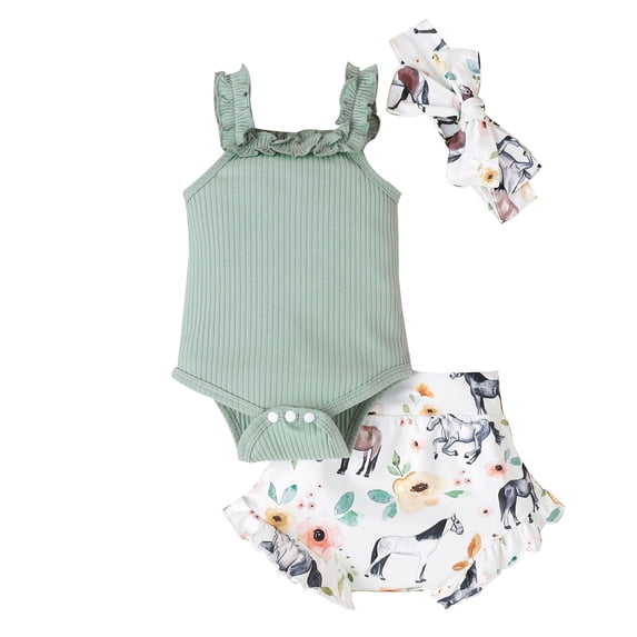 TAIAOJING Toddler Baby Girl Clothes Summer Sleeveless Ruffles Ribbed Romper Bodysuit Cartoon Cow Prints Shorts Headbands Outfit 3-6 Months