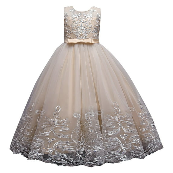 TAIAOJING Toddler Baby Girl Dress Flower Lace Wedding Dress For Kids Formal Long Maxi Gown Dance Prom Sequin Bowknot Puffy Tulle Dresses For 9-10 Years