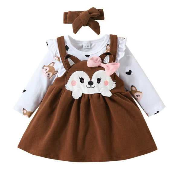 TAIAOJING Toddler Baby Girl Fall Clothes Set Girls Long Sleeve Cartoon Print Romper Bodysuits Suspenders Skirts Bow Tie Headbands Outfits 3-6 Months